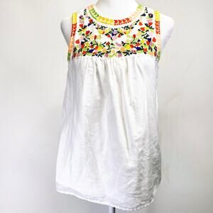 J.Crew Embroidered Floral Blouse Sz 00 White Linen Blend Euro Summer Coastal